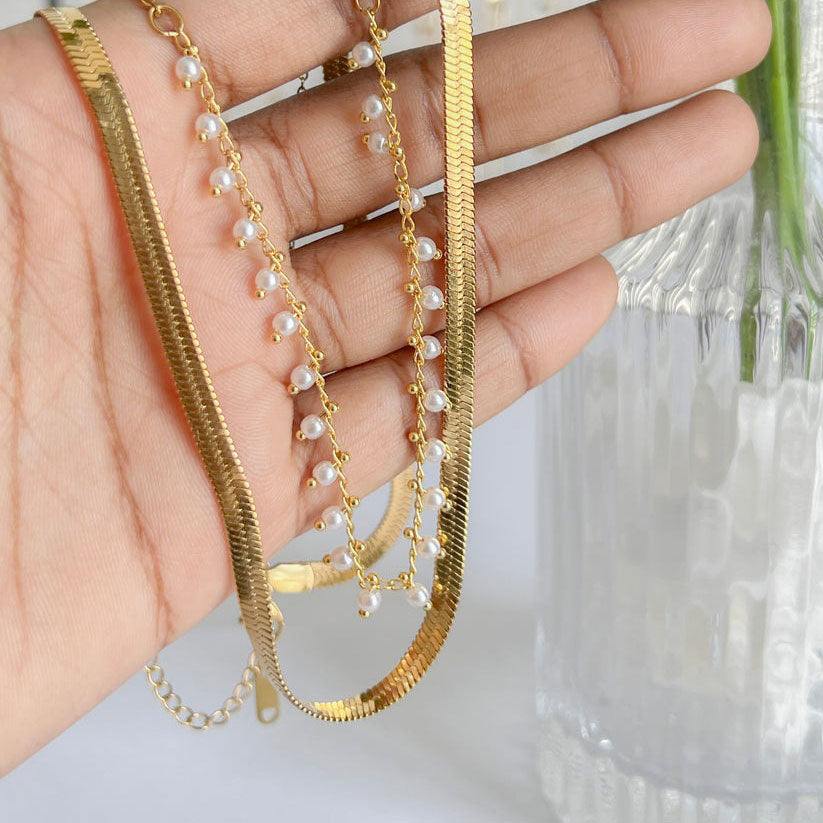 Birgitta | Luxe Käärme Kaulaketju & Helmi Korusetti 18K Kulta