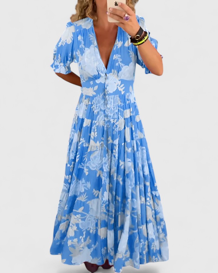 Birgitta | Elegantti kukkakuosiset V-pääntie mekko