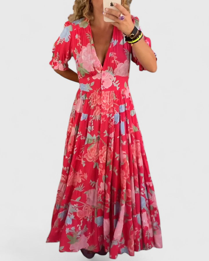 Birgitta | Elegantti kukkakuosiset V-pääntie mekko