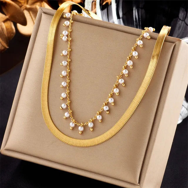Birgitta | Luxe Käärme Kaulaketju & Helmi Korusetti 18K Kulta