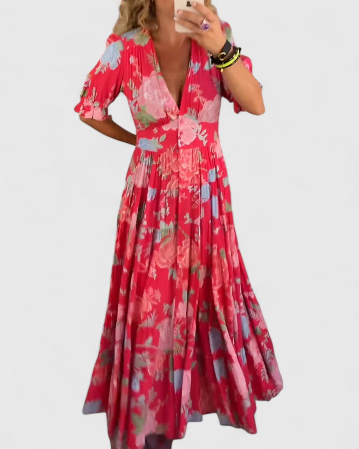 Birgitta | Elegantti kukkakuosiset V-pääntie mekko