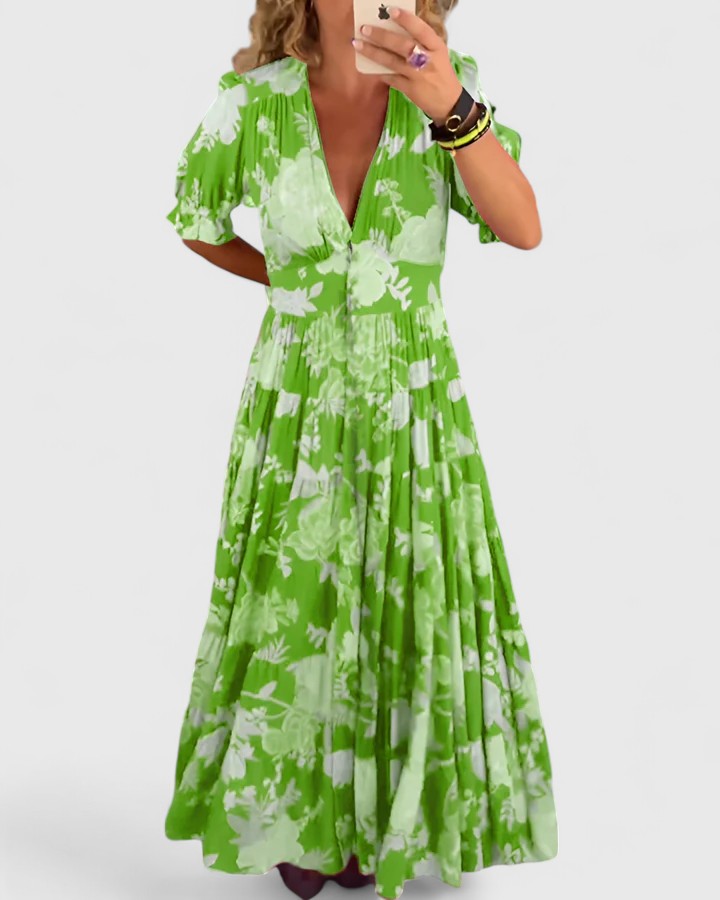 Birgitta | Elegantti kukkakuosiset V-pääntie mekko